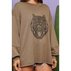 FANTASTIC FAWN Women Rhinestone Tiger Long Sleeve Shirt Top New S-L IFKT51844-03